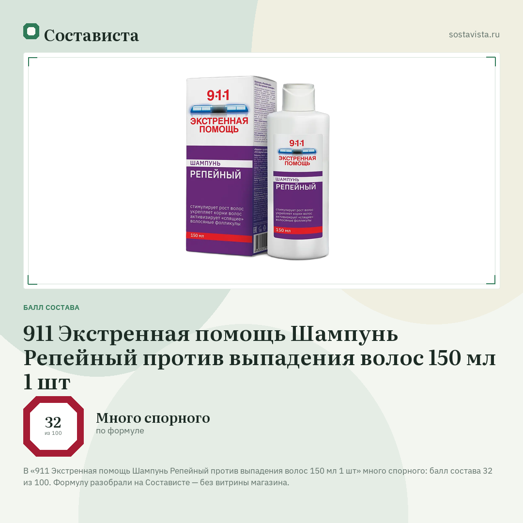 911 Экстренная помощь Шампунь Репейный против выпадения волос 150 мл 1 шт: балл состава 32 из 100 — Состависта