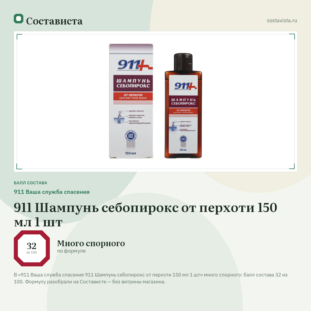 911 Ваша служба спасения 911 Шампунь себопирокс от перхоти 150 мл 1 шт: балл состава 32 из 100 — Состависта