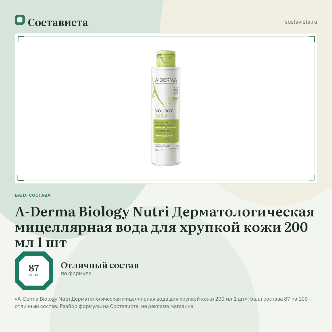 A-Derma Biology Nutri Дерматологическая мицеллярная вода для хрупкой кожи 200 мл 1 шт: балл состава 87 из 100 — Состависта