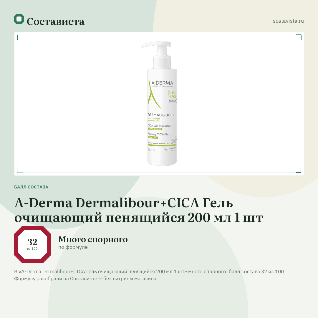 A-Derma Dermalibour+CICA Гель очищающий пенящийся 200 мл 1 шт: балл состава 32 из 100 — Состависта