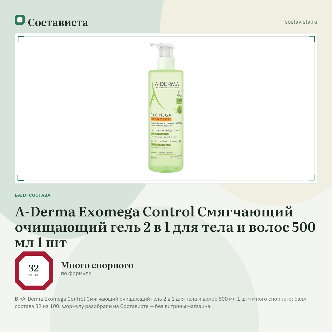A-Derma Exomega Control Смягчающий очищающий гель 2 в 1 для тела и волос 500 мл 1 шт: балл состава 32 из 100 — Состависта