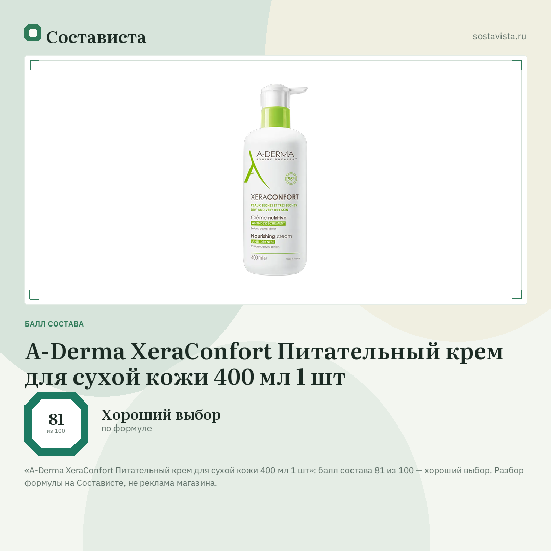 A-Derma XeraConfort Питательный крем для сухой кожи 400 мл 1 шт: балл состава 81 из 100 — Состависта