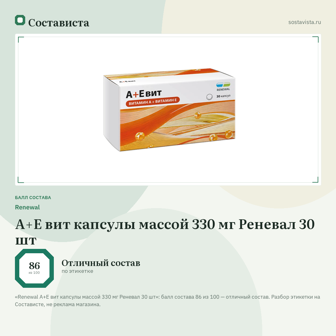 Renewal А+Е вит капсулы массой 330 мг Реневал 30 шт: балл состава 86 из 100 — Состависта