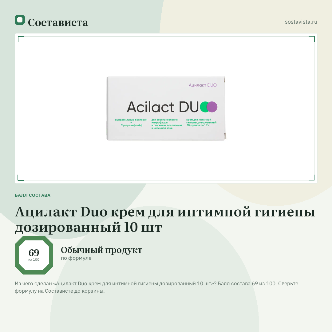 Ацилакт Duo крем для интимной гигиены дозированный 10 шт: балл состава 69 из 100 — Состависта