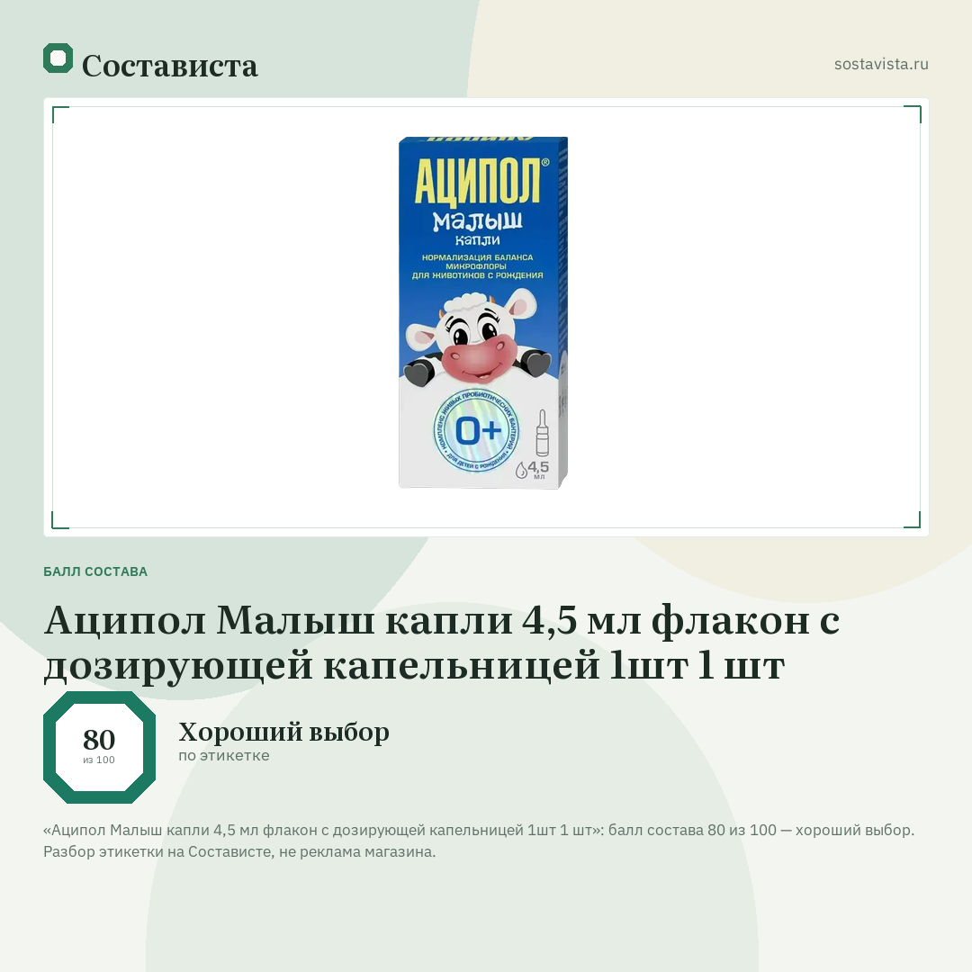 Аципол Малыш капли 4,5 мл флакон с дозирующей капельницей 1шт 1 шт: балл состава 80 из 100 — Состависта