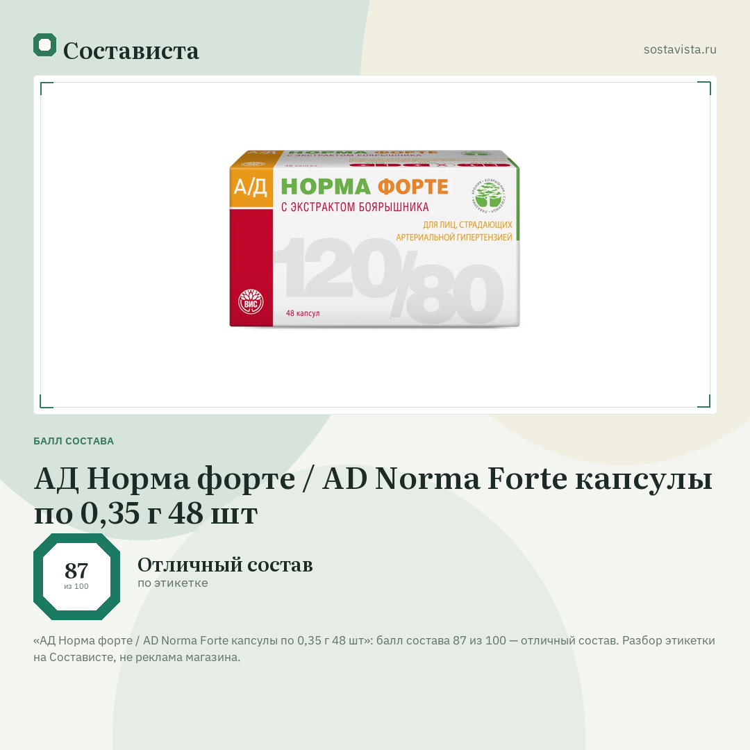 АД Норма форте / AD Norma Forte капсулы по 0,35 г 48 шт: балл состава 87 из 100 — Состависта