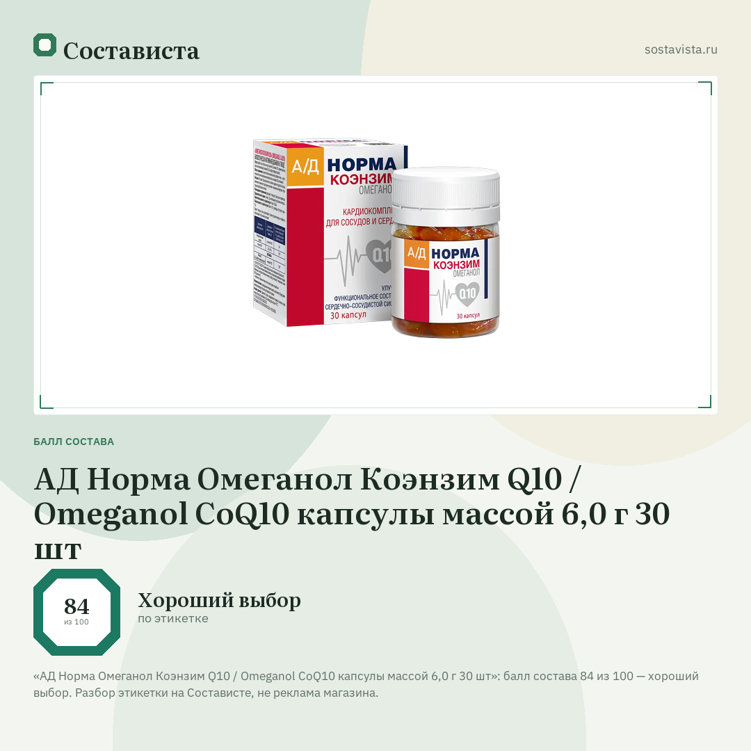 АД Норма Омеганол Коэнзим Q10 / Omeganol CoQ10 капсулы массой 6,0 г 30 шт: балл состава 84 из 100 — Состависта