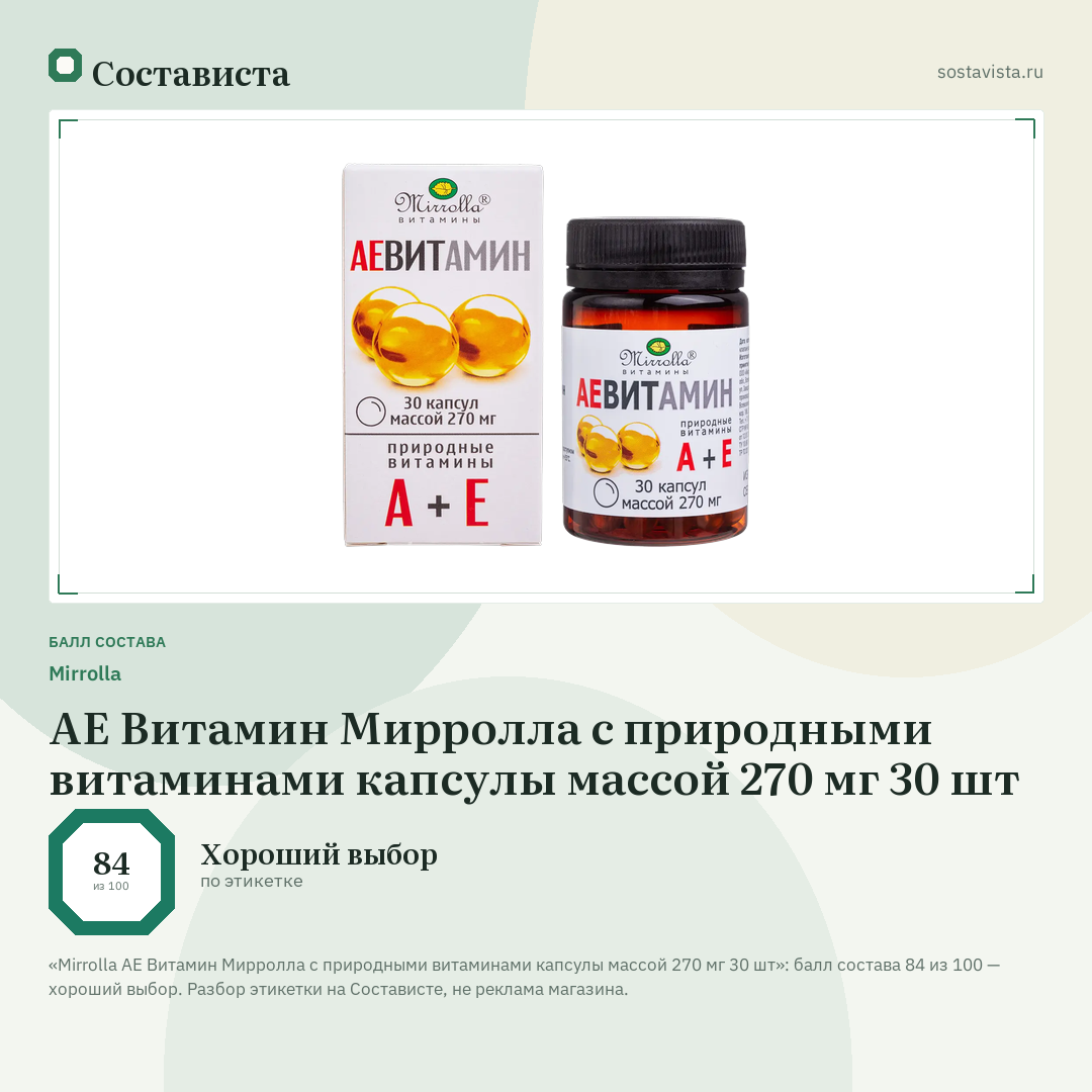 Mirrolla АЕ Витамин Мирролла с природными витаминами капсулы массой 270 мг 30 шт: балл состава 84 из 100 — Состависта