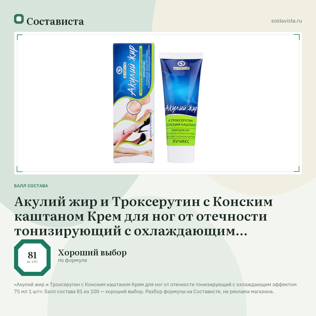 Акулий жир и Троксерутин с Конским каштаном Крем для ног от отечности тонизирующий с охлаждающим эффектом 75 мл 1 шт: балл состава 81 из 100 — Состависта