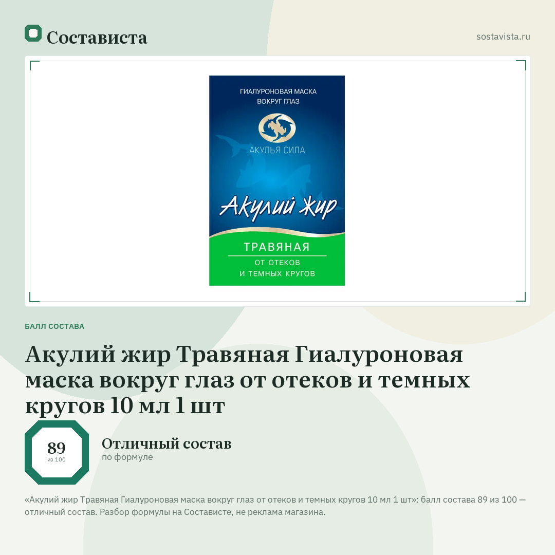 Акулий жир Травяная Гиалуроновая маска вокруг глаз от отеков и темных кругов 10 мл 1 шт: балл состава 89 из 100 — Состависта