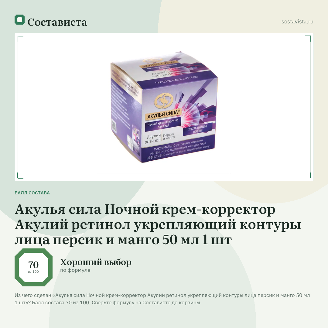 Акулья сила Ночной крем-корректор Акулий ретинол укрепляющий контуры лица персик и манго 50 мл 1 шт: балл состава 70 из 100 — Состависта