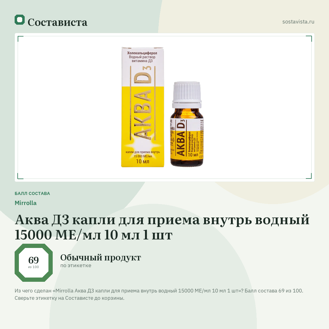 Mirrolla Аква Д3 капли для приема внутрь водный 15000 МЕ/мл 10 мл 1 шт: балл состава 69 из 100 — Состависта