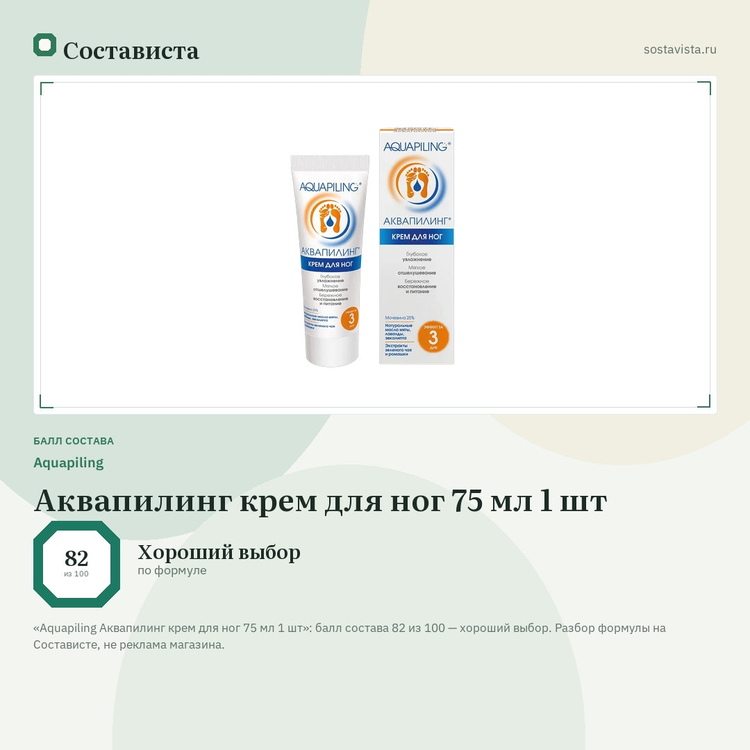 Aquapiling Аквапилинг крем для ног 75 мл 1 шт: балл состава 82 из 100 — Состависта