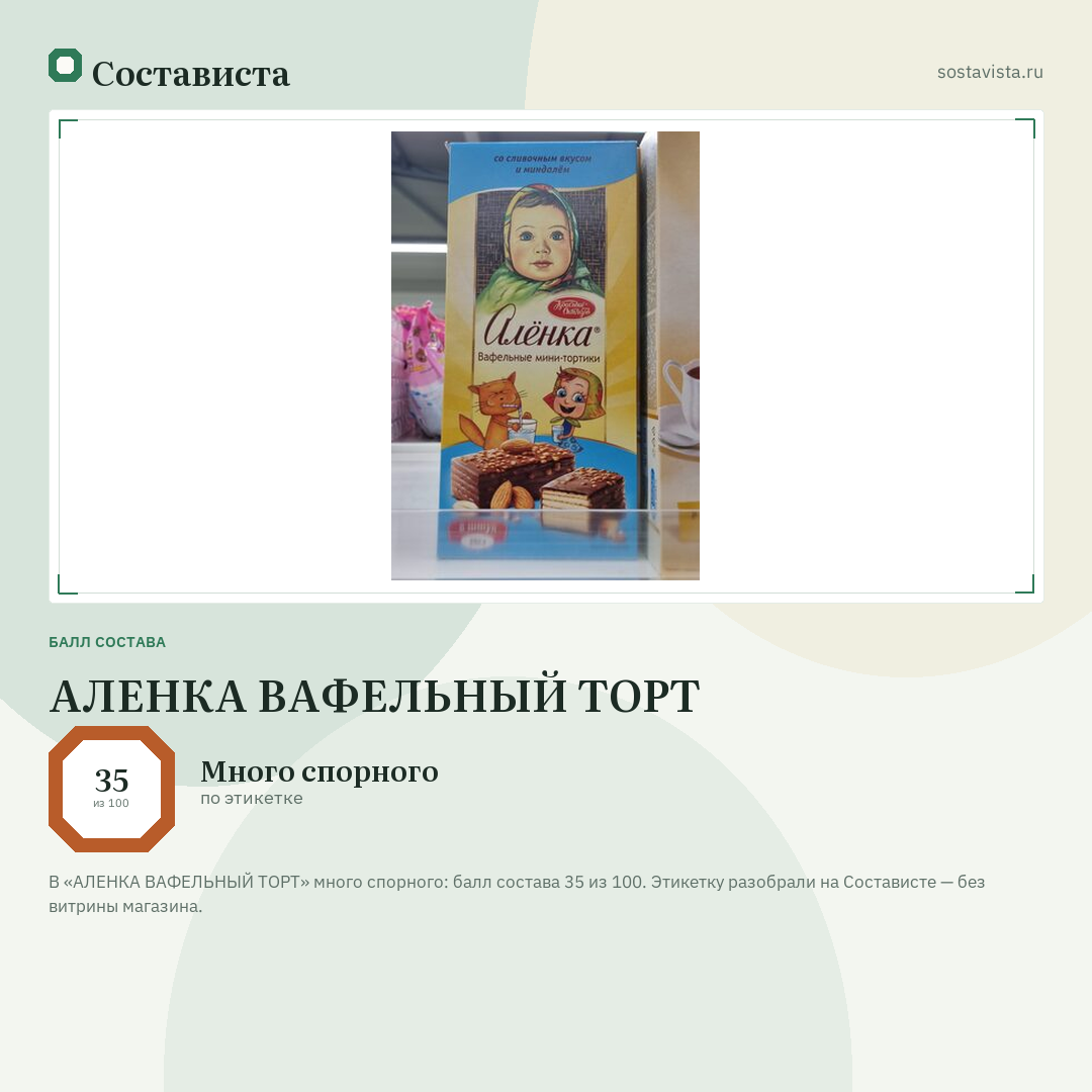 АЛЕНКА ВАФЕЛЬНЫЙ ТОРТ: балл состава 35 из 100 — Состависта
