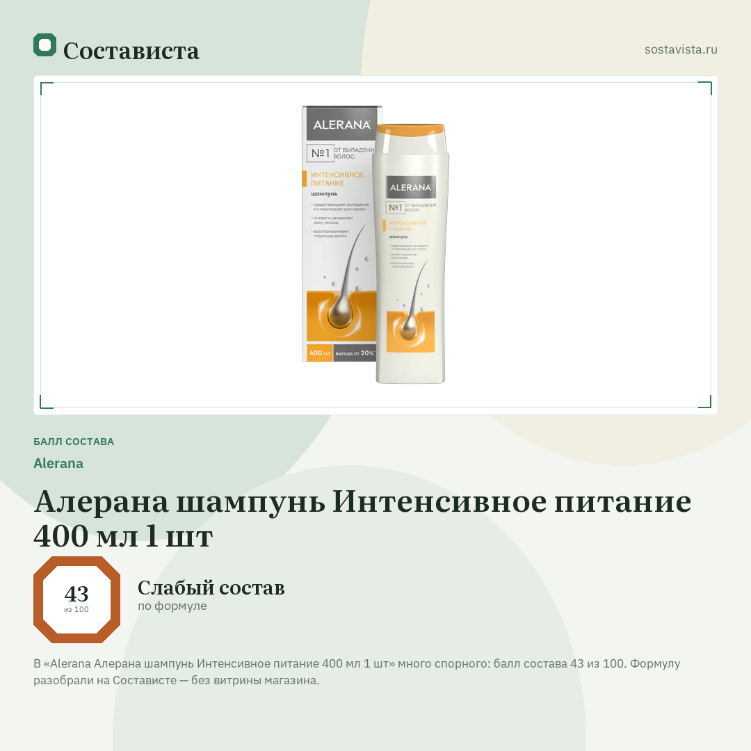Alerana Алерана шампунь Интенсивное питание 400 мл 1 шт: балл состава 43 из 100 — Состависта