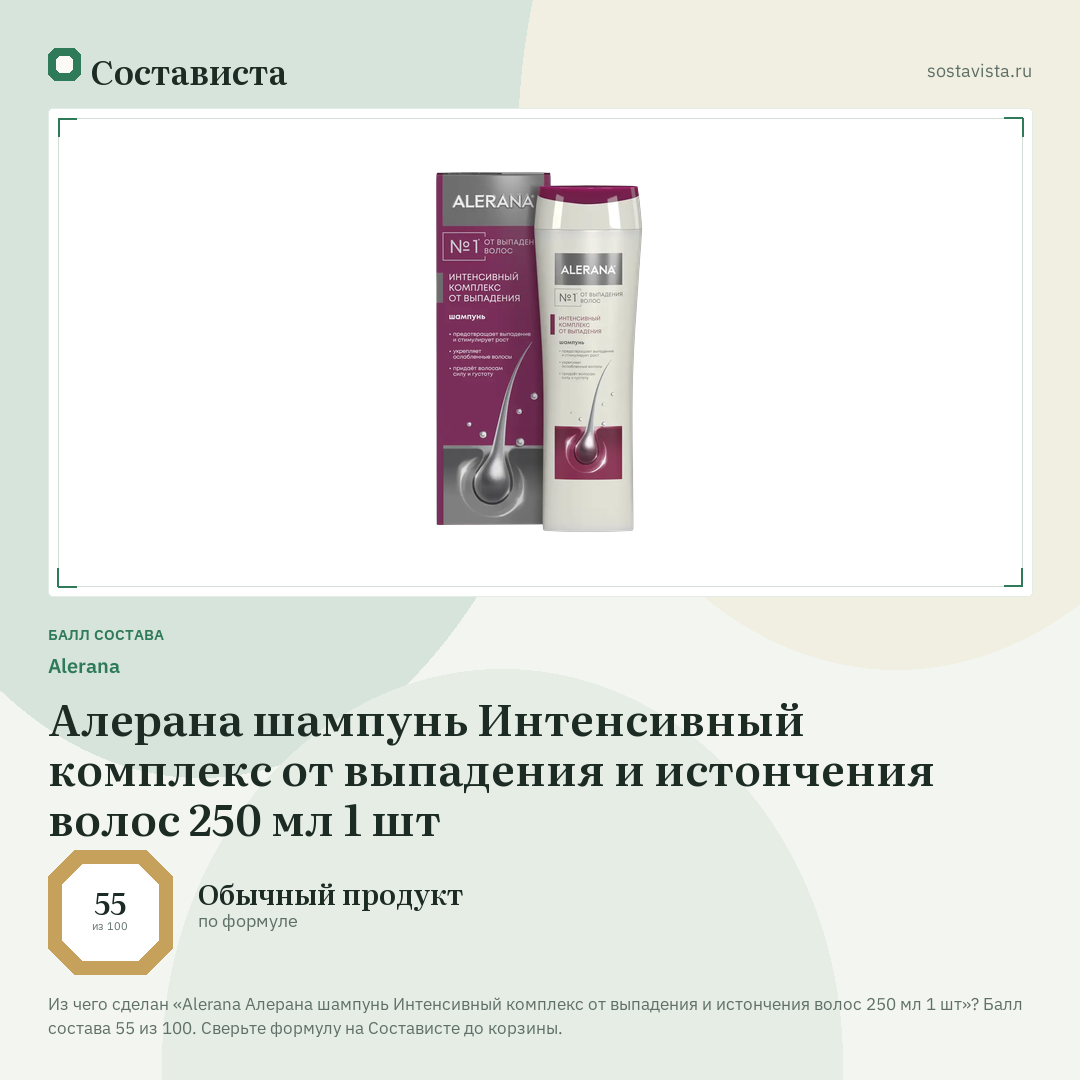 Alerana Алерана шампунь Интенсивный комплекс от выпадения и истончения волос 250 мл 1 шт: балл состава 55 из 100 — Состависта