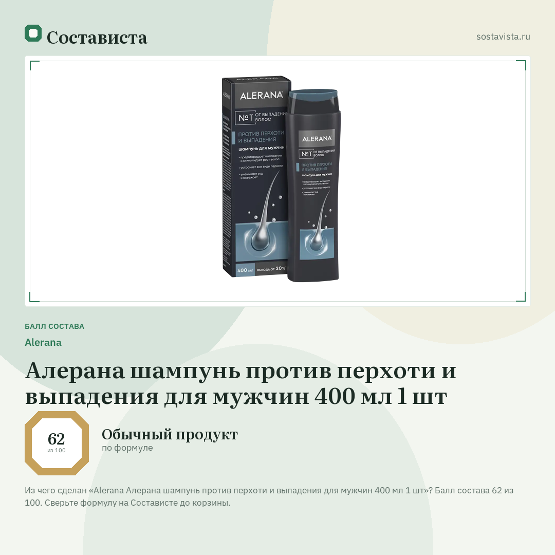 Alerana Алерана шампунь против перхоти и выпадения для мужчин 400 мл 1 шт: балл состава 62 из 100 — Состависта