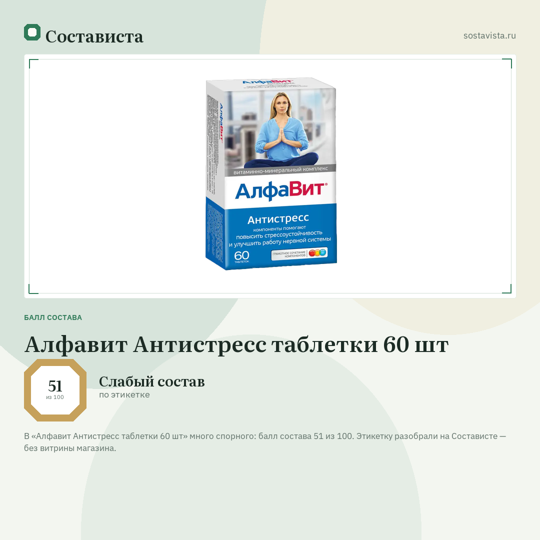 Алфавит Антистресс таблетки 60 шт: балл состава 51 из 100 — Состависта