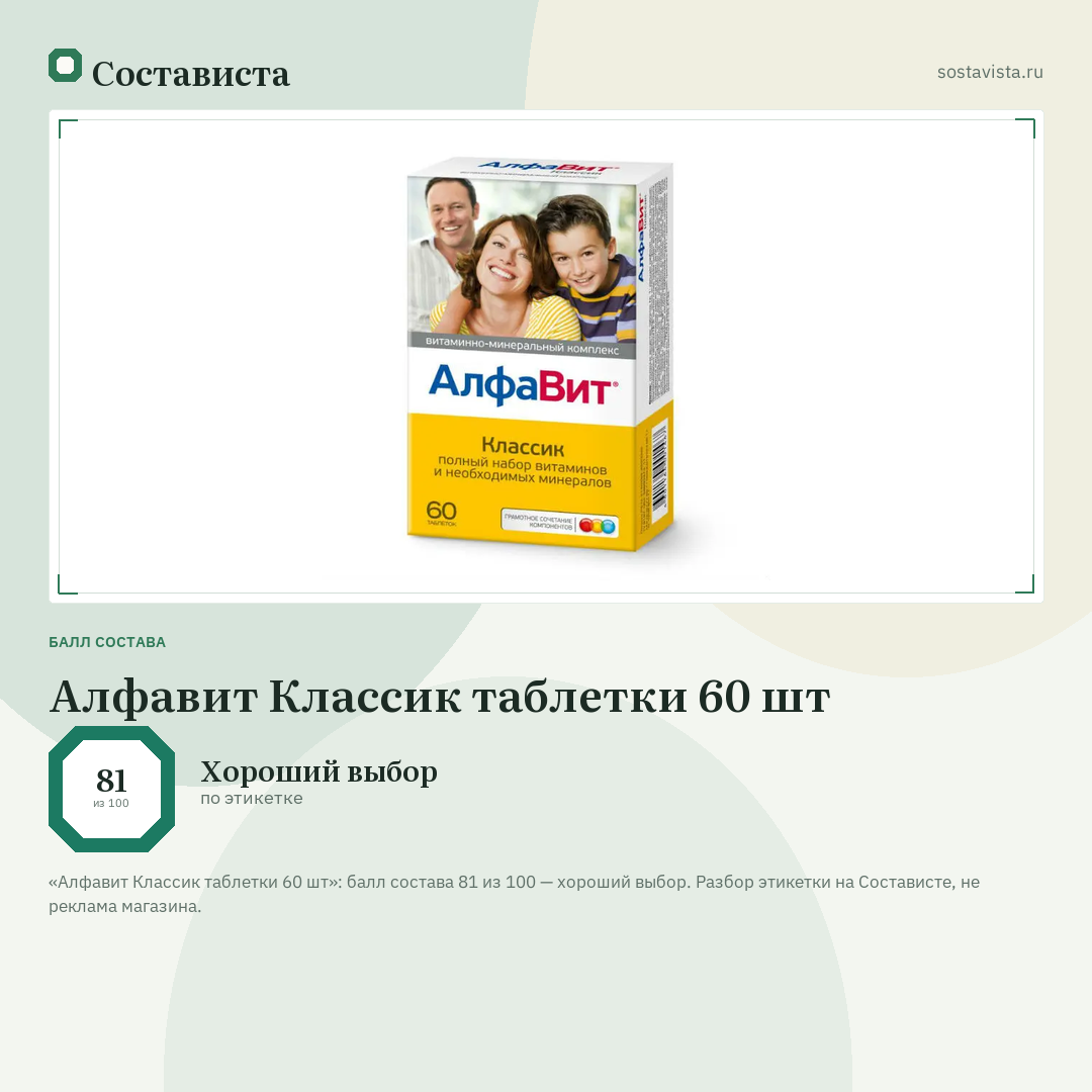 Алфавит Классик таблетки 60 шт: балл состава 81 из 100 — Состависта