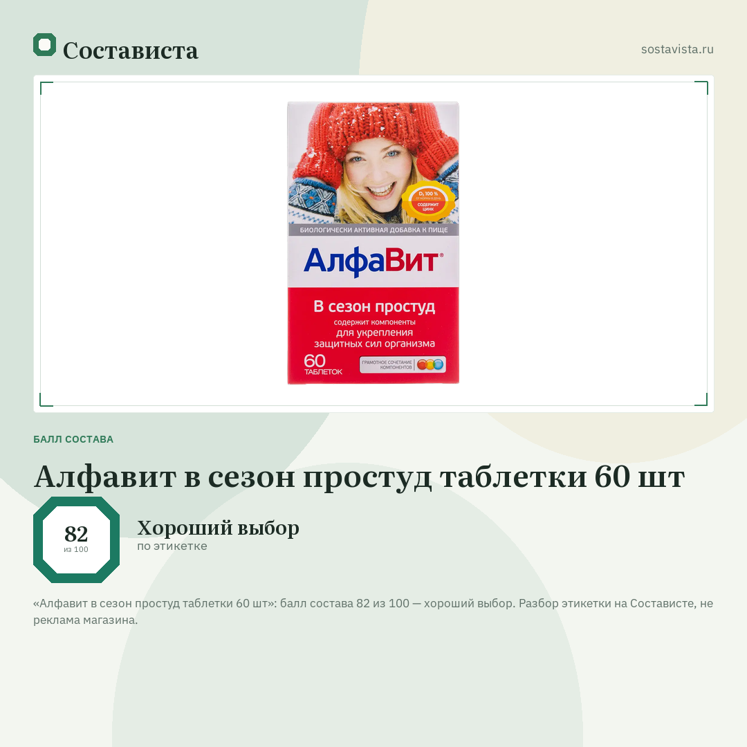 Алфавит в сезон простуд таблетки 60 шт: балл состава 82 из 100 — Состависта
