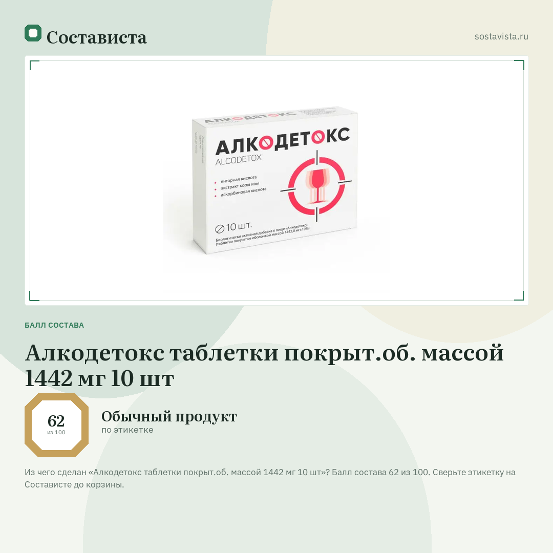 Алкодетокс таблетки покрыт.об. массой 1442 мг 10 шт: балл состава 62 из 100 — Состависта