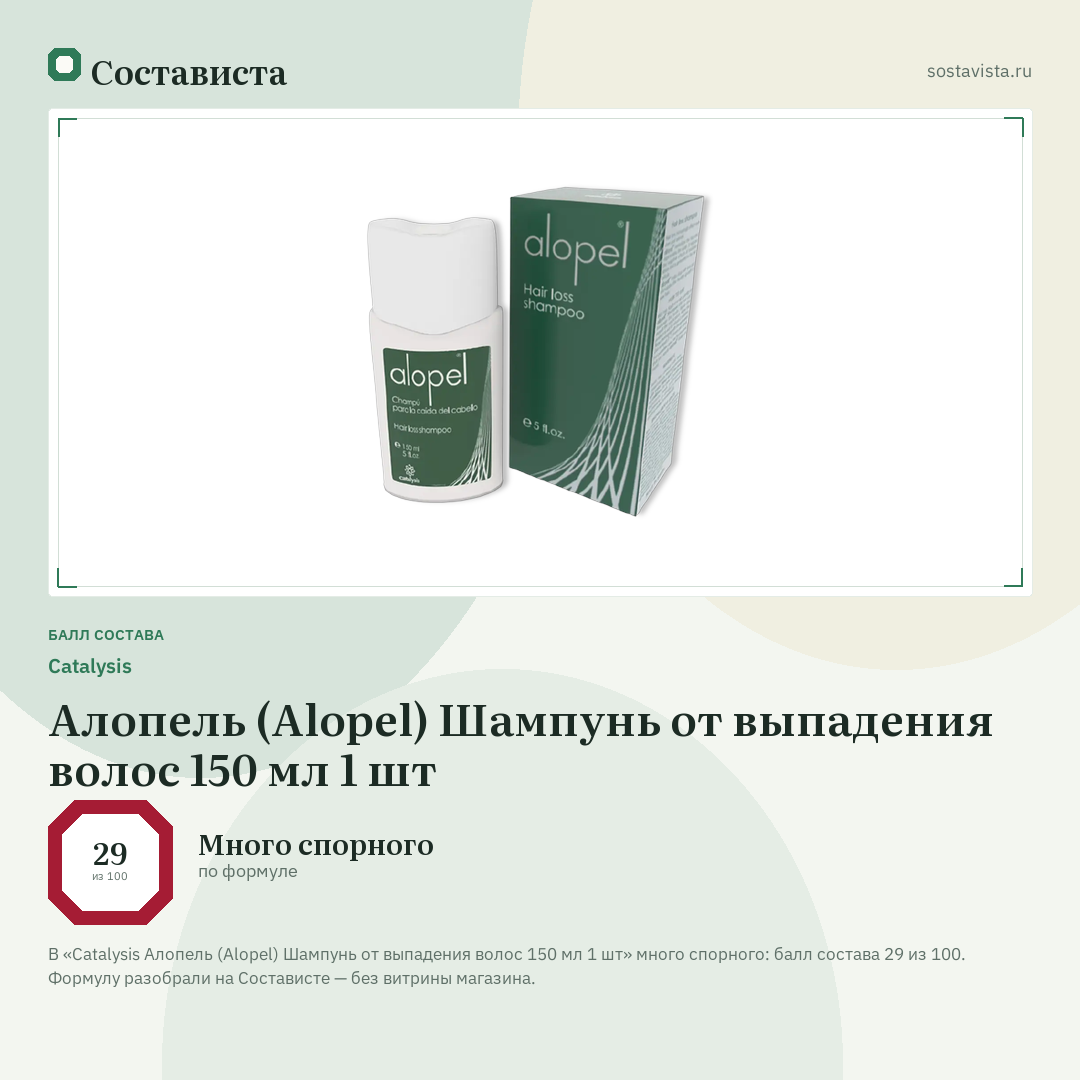 Catalysis Алопель (Alopel) Шампунь от выпадения волос 150 мл 1 шт: балл состава 29 из 100 — Состависта