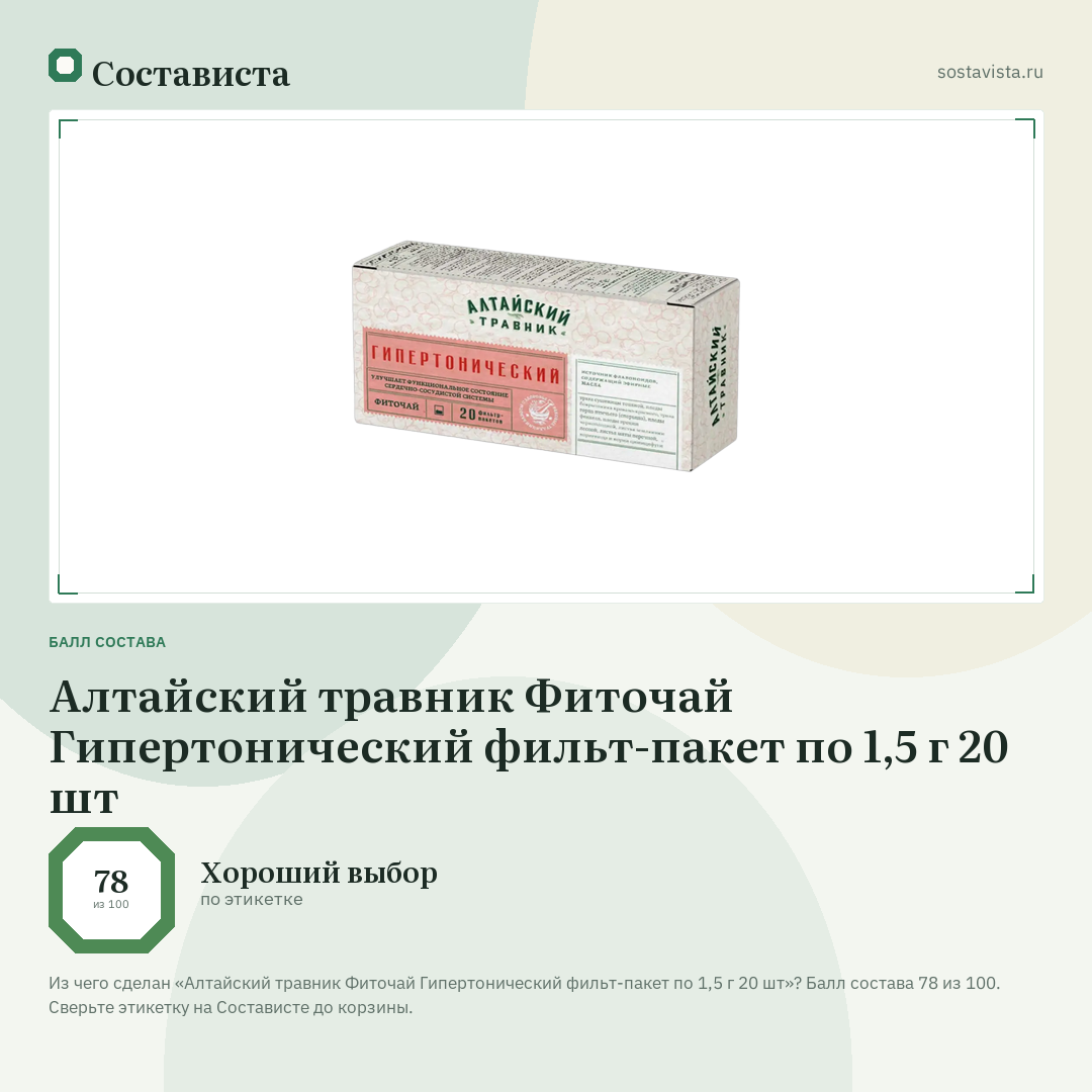 Алтайский травник Фиточай Гипертонический фильт-пакет по 1,5 г 20 шт: балл состава 78 из 100 — Состависта