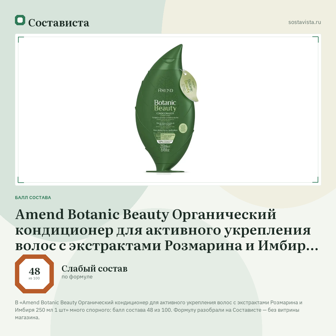 Amend Botanic Beauty Органический кондиционер для активного укрепления волос с экстрактами Розмарина и Имбиря 250 мл 1 шт: балл состава 48 из 100 — Состависта
