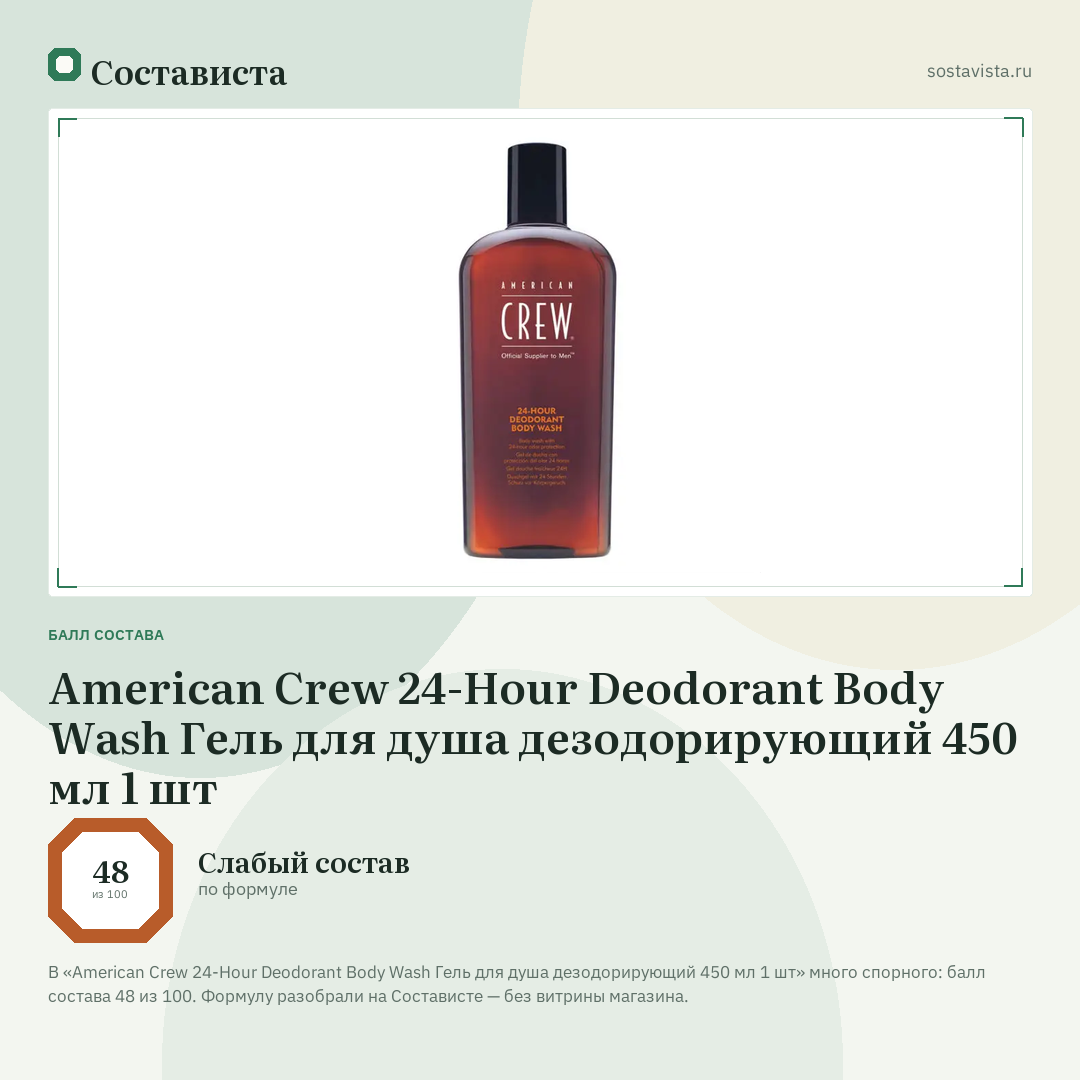 American Crew 24-Hour Deodorant Body Wash Гель для душа дезодорирующий 450 мл 1 шт: балл состава 48 из 100 — Состависта