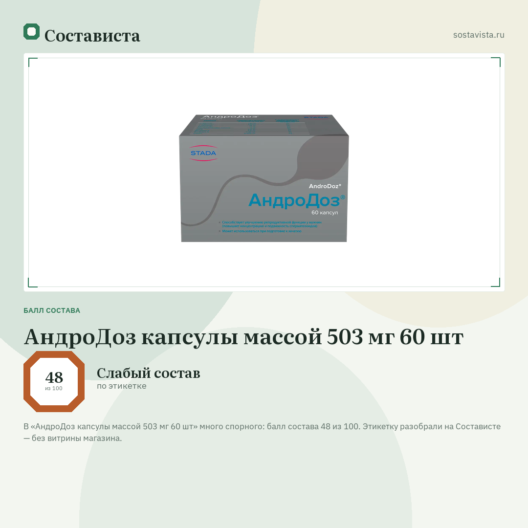 АндроДоз капсулы массой 503 мг 60 шт: балл состава 48 из 100 — Состависта