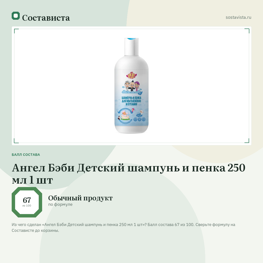 Ангел Бэби Детский шампунь и пенка 250 мл 1 шт: балл состава 67 из 100 — Состависта