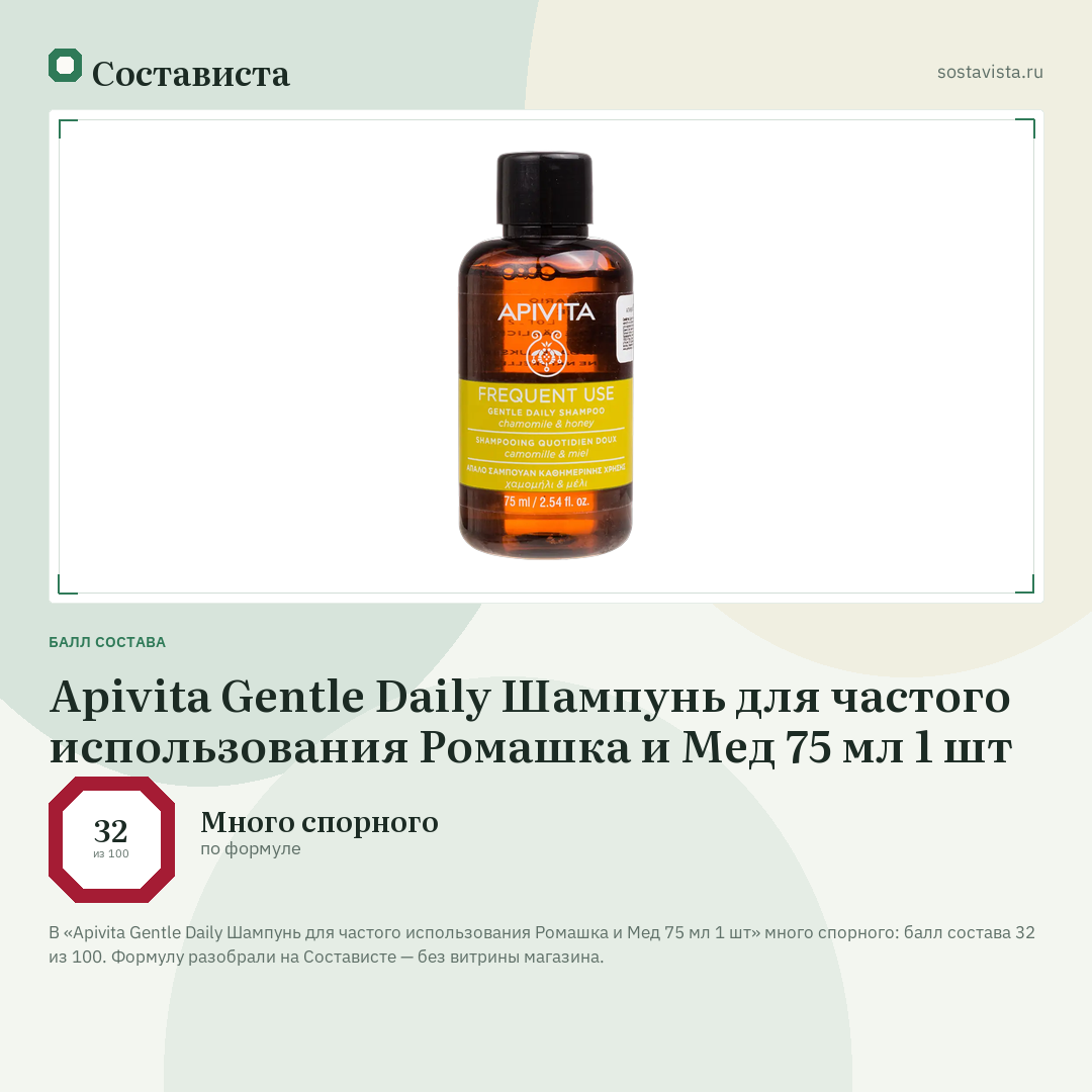 Apivita Gentle Daily Шампунь для частого использования Ромашка и Мед 75 мл 1 шт: балл состава 32 из 100 — Состависта