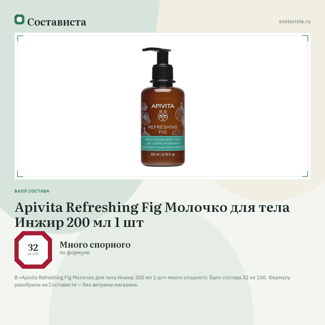 Apivita Refreshing Fig Молочко для тела Инжир 200 мл 1 шт: балл состава 32 из 100 — Состависта
