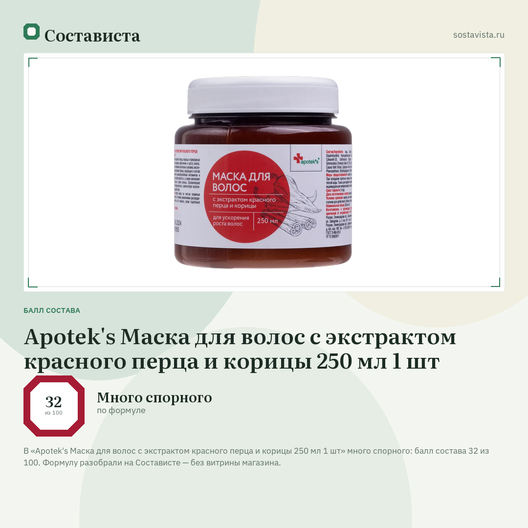 Apotek's Маска для волос с экстрактом красного перца и корицы 250 мл 1 шт: балл состава 32 из 100 — Состависта
