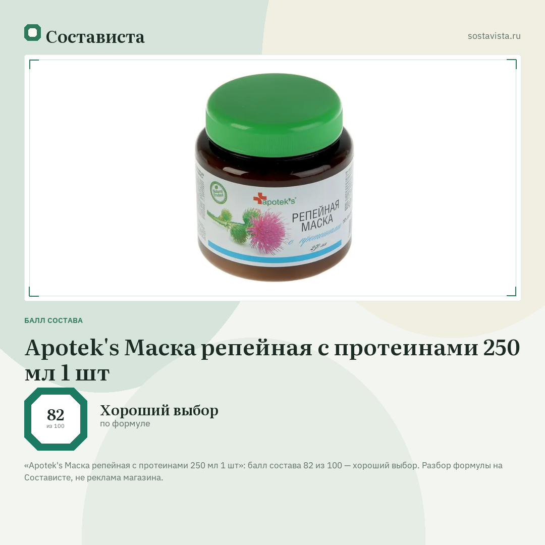 Apotek's Маска репейная с протеинами 250 мл 1 шт: балл состава 82 из 100 — Состависта