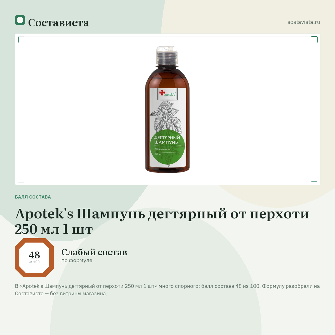 Apotek's Шампунь дегтярный от перхоти 250 мл 1 шт: балл состава 48 из 100 — Состависта