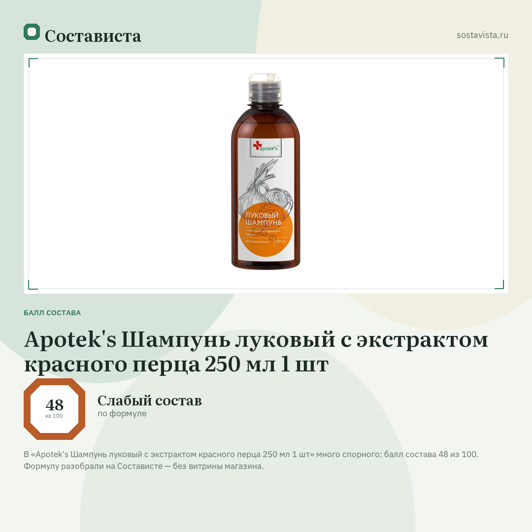 Apotek's Шампунь луковый с экстрактом красного перца 250 мл 1 шт: балл состава 48 из 100 — Состависта