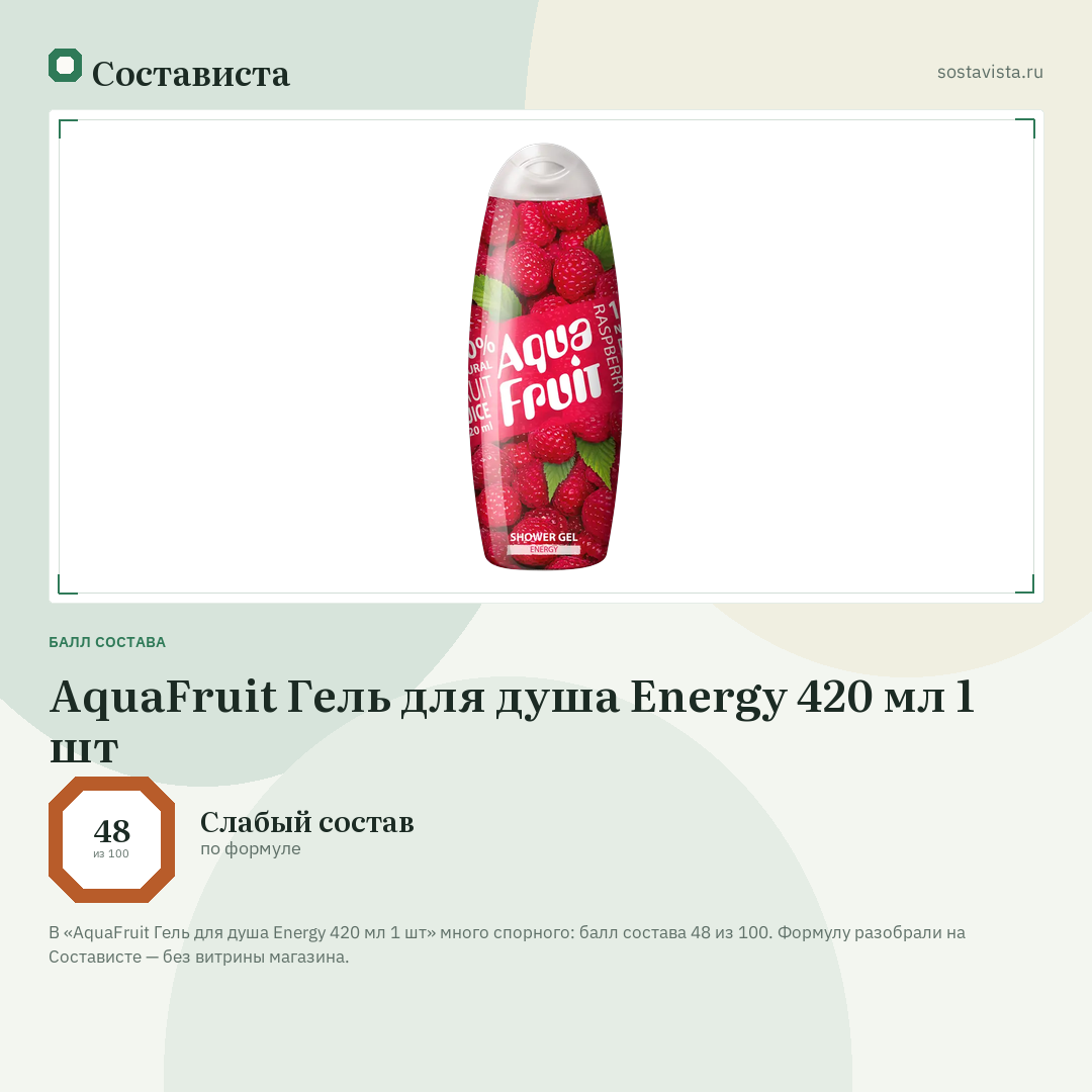 AquaFruit Гель для душа Energy 420 мл 1 шт: балл состава 48 из 100 — Состависта