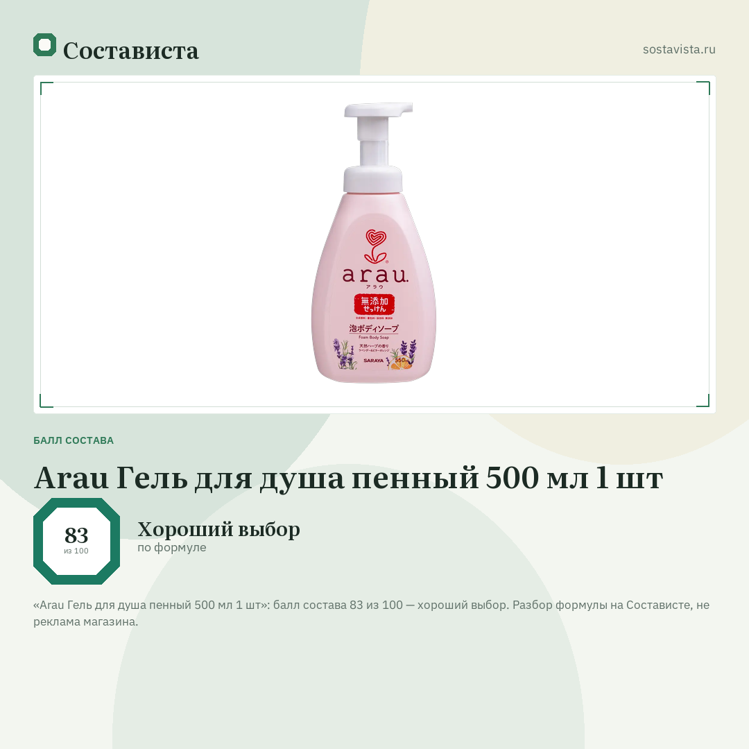 Arau Гель для душа пенный 500 мл 1 шт: балл состава 83 из 100 — Состависта