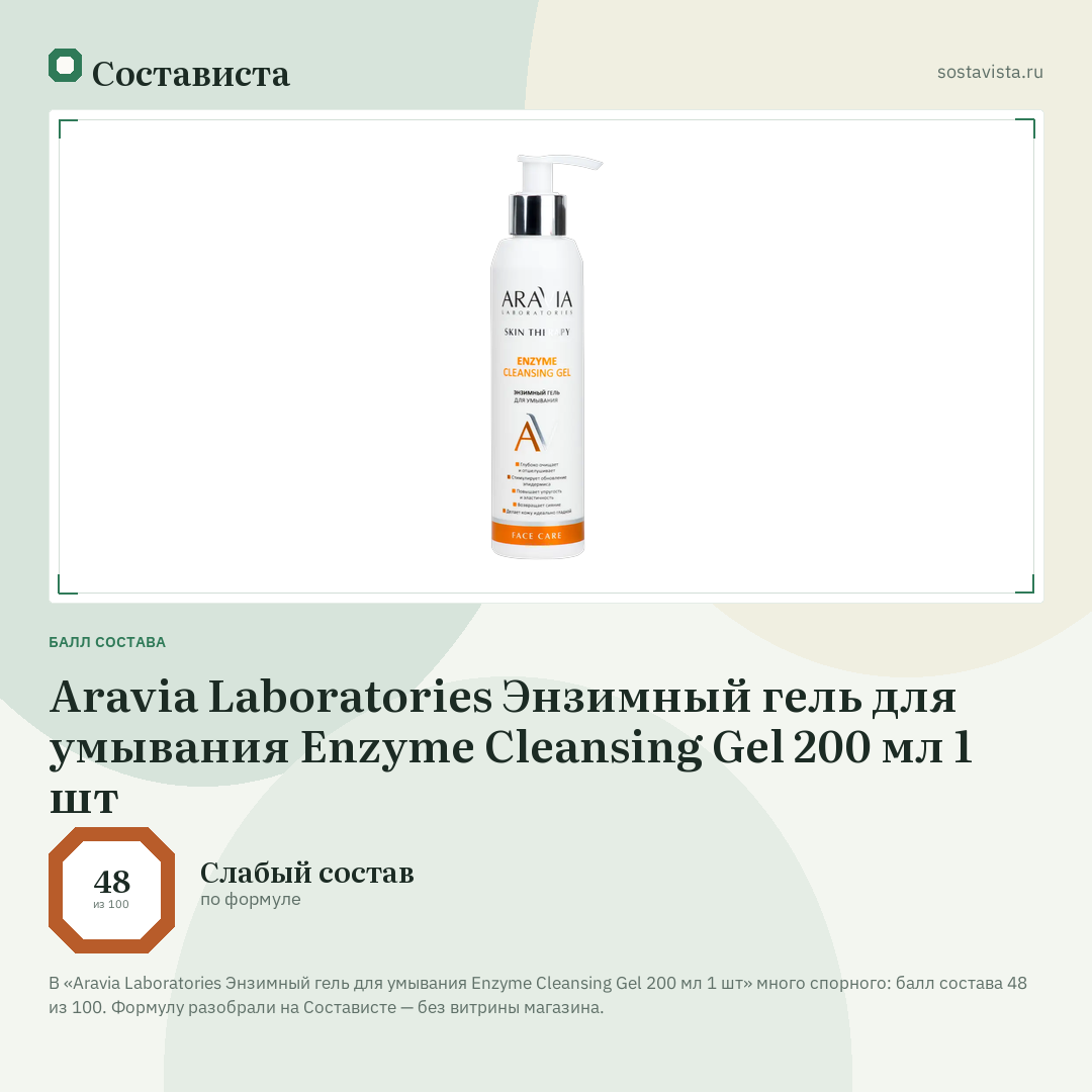 Aravia Laboratories Энзимный гель для умывания Enzyme Cleansing Gel 200 мл 1 шт: балл состава 48 из 100 — Состависта
