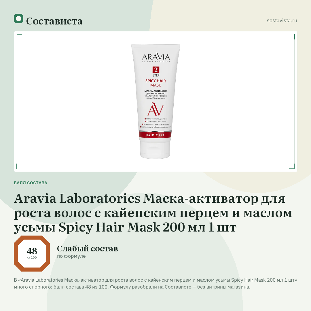 Aravia Laboratories Маска-активатор для роста волос с кайенским перцем и маслом усьмы Spicy Hair Mask 200 мл 1 шт: балл состава 48 из 100 — Состависта