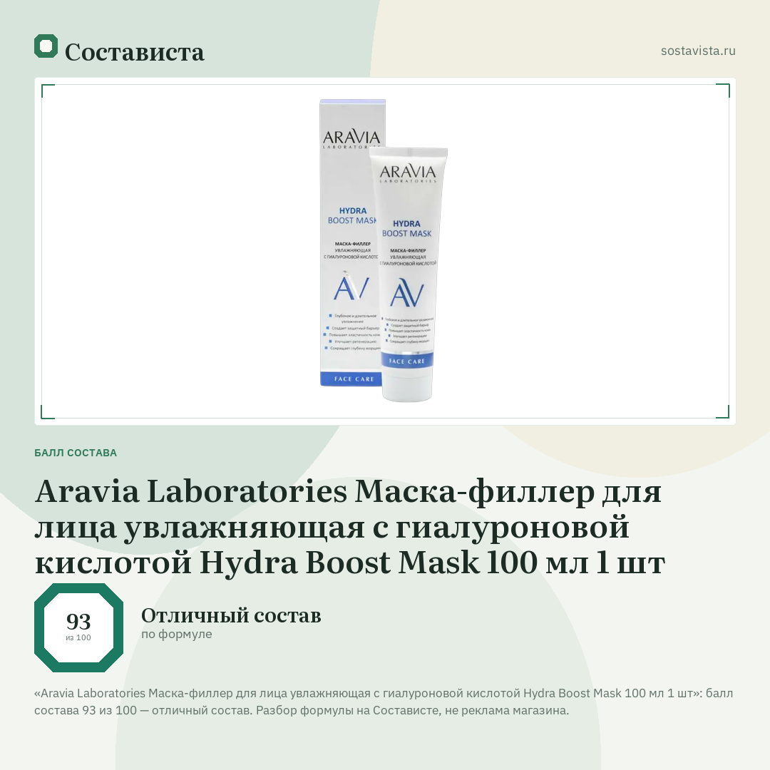 Aravia Laboratories Маска-филлер для лица увлажняющая с гиалуроновой кислотой Hydra Boost Mask 100 мл 1 шт: балл состава 93 из 100 — Состависта