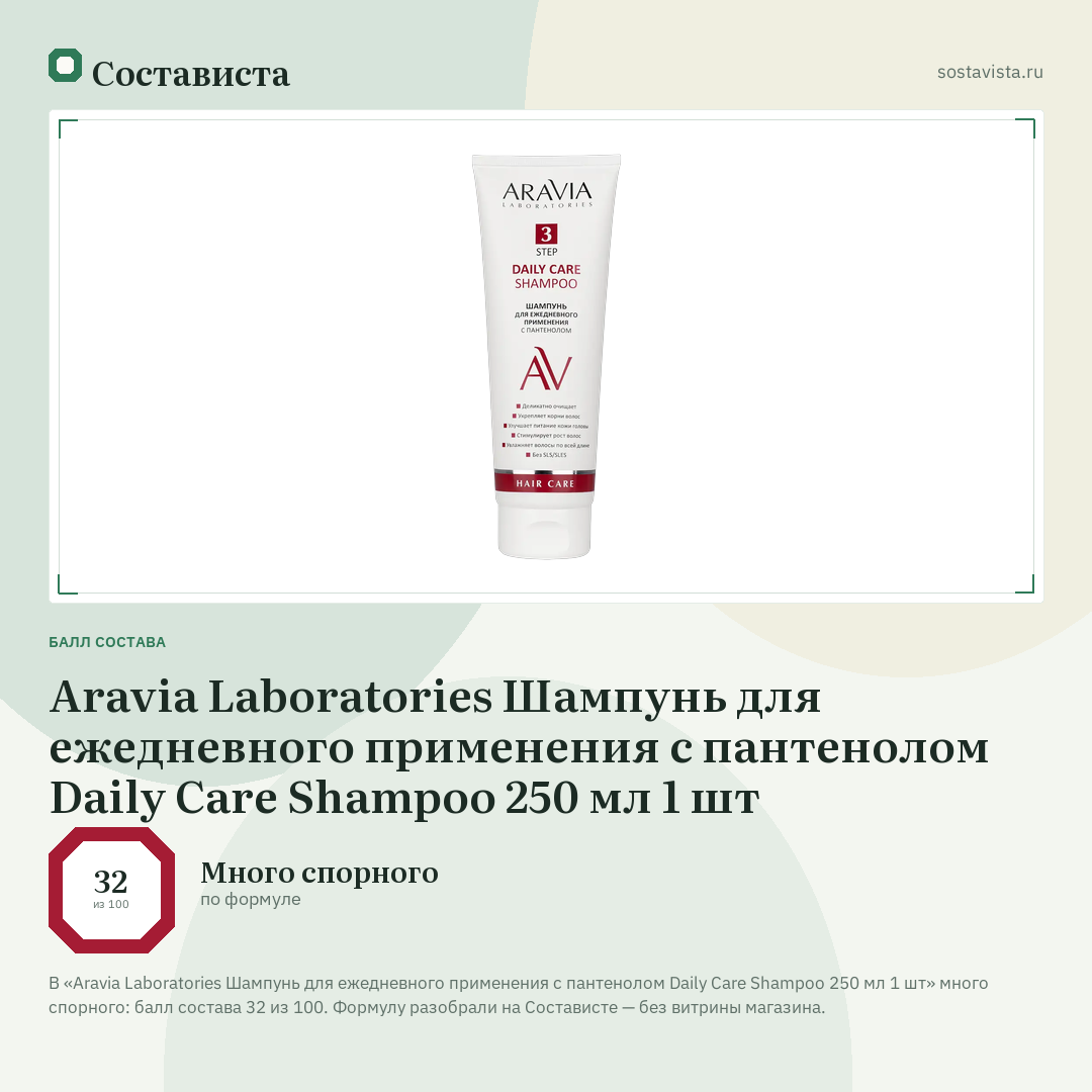 Aravia Laboratories Шампунь для ежедневного применения с пантенолом Daily Care Shampoo 250 мл 1 шт: балл состава 32 из 100 — Состависта
