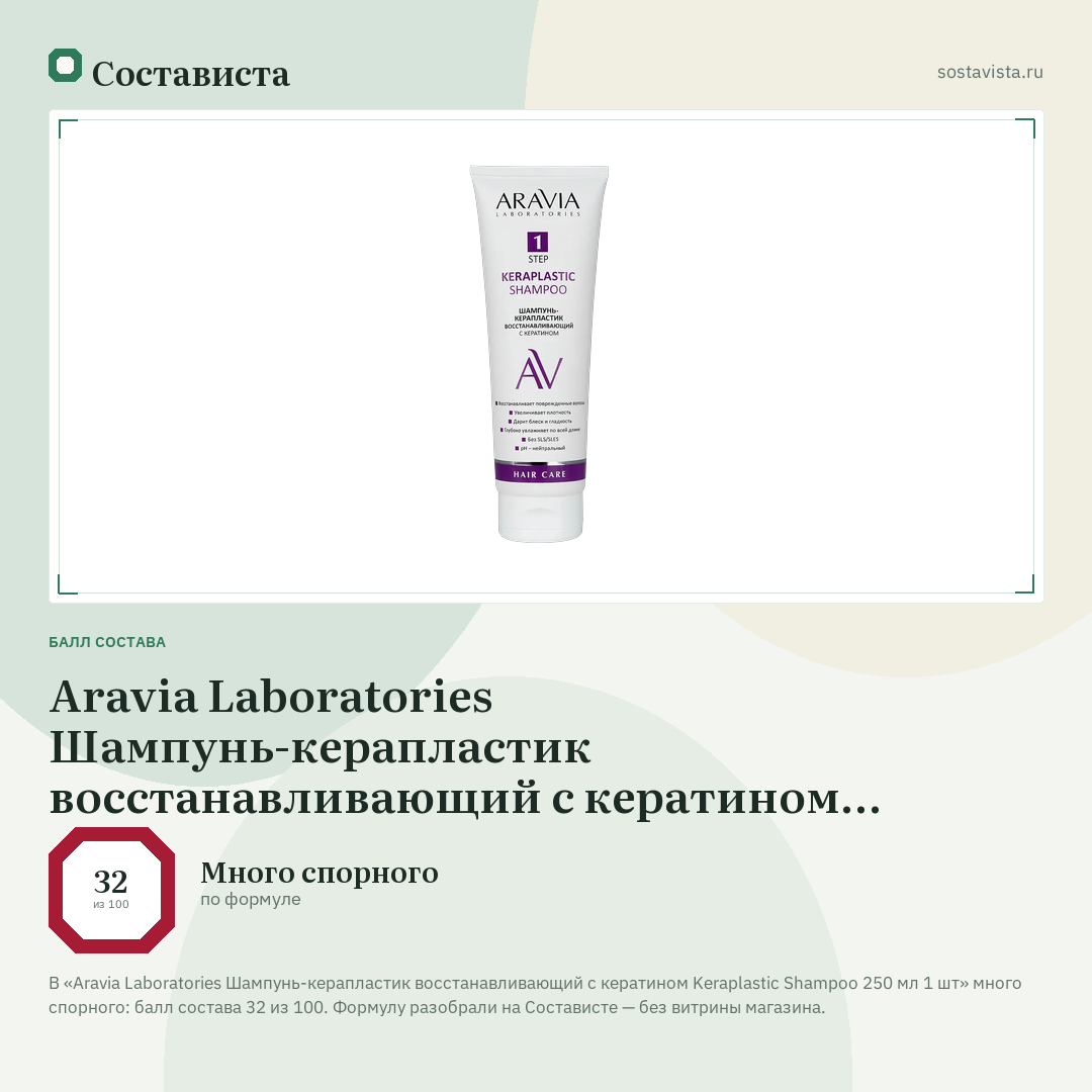 Aravia Laboratories Шампунь-керапластик восстанавливающий с кератином Keraplastic Shampoo 250 мл 1 шт: балл состава 32 из 100 — Состависта