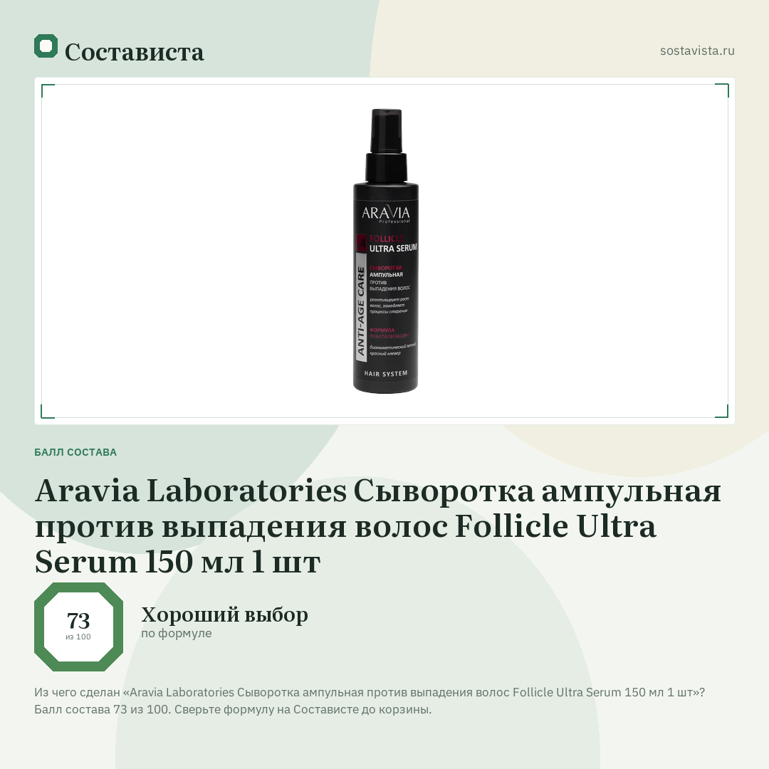 Aravia Laboratories Сыворотка ампульная против выпадения волос Follicle Ultra Serum 150 мл 1 шт: балл состава 73 из 100 — Состависта