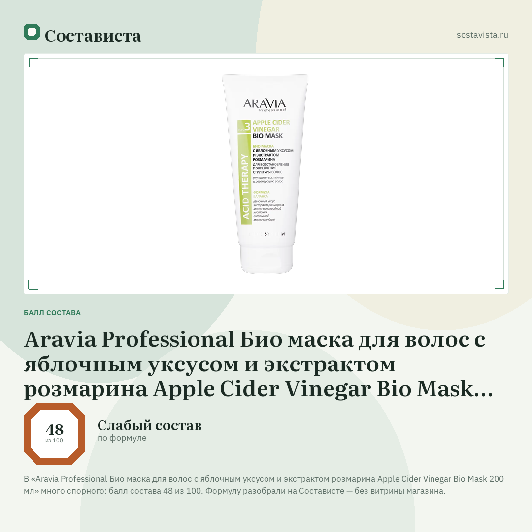 Aravia Professional Био маска для волос с яблочным уксусом и экстрактом розмарина Apple Cider Vinegar Bio Mask 200 мл: балл состава 48 из 100 — Состависта