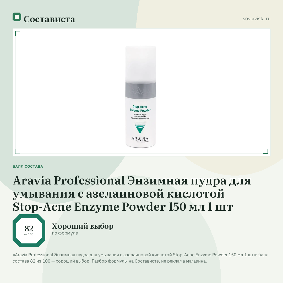 Aravia Professional Энзимная пудра для умывания с азелаиновой кислотой Stop-Acne Enzyme Powder 150 мл 1 шт: балл состава 82 из 100 — Состависта