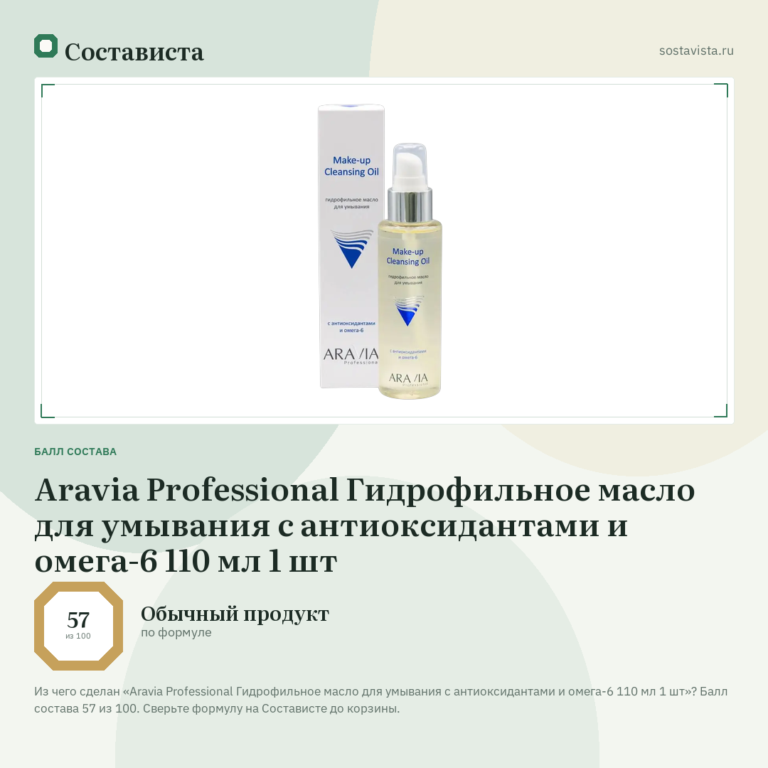 Aravia Professional Гидрофильное масло для умывания с антиоксидантами и омега-6 110 мл 1 шт: балл состава 57 из 100 — Состависта