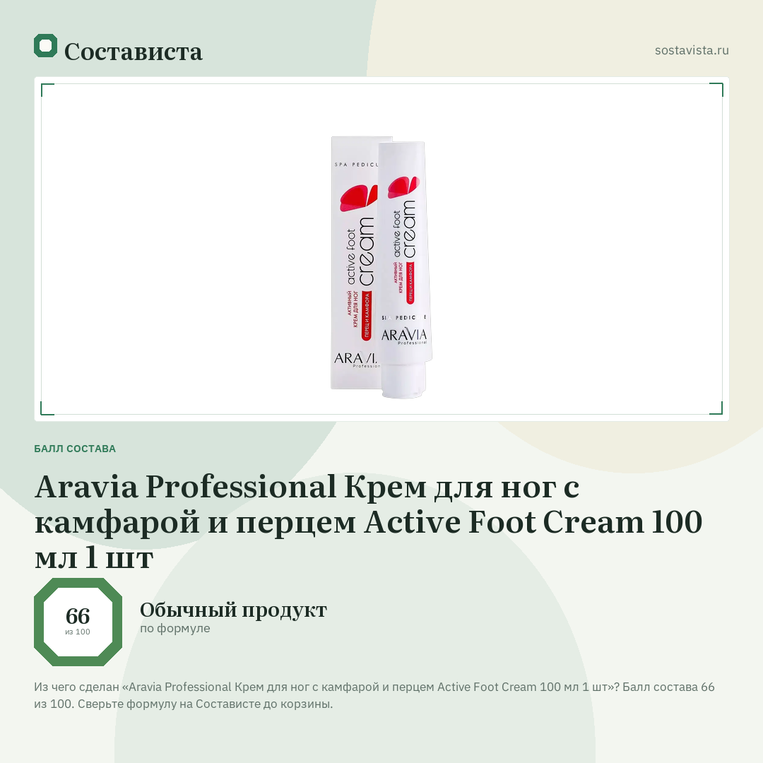 Aravia Professional Крем для ног с камфарой и перцем Active Foot Cream 100 мл 1 шт: балл состава 66 из 100 — Состависта