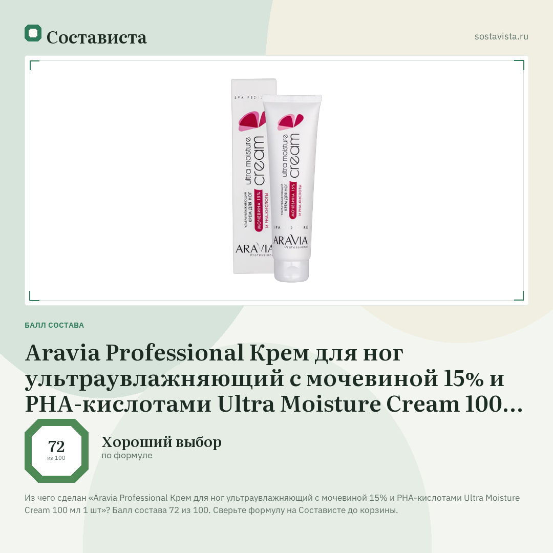 Aravia Professional Крем для ног ультраувлажняющий с мочевиной 15% и PHA-кислотами Ultra Moisture Cream 100 мл 1 шт: балл состава 72 из 100 — Состависта